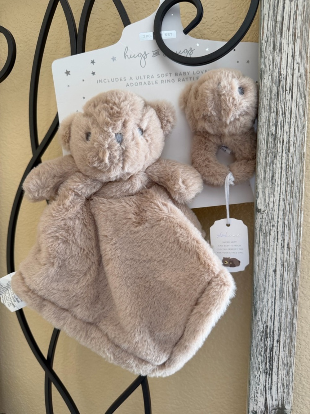 Hugs & Kisses Beige Bear Baby Lovey and Rattle Set